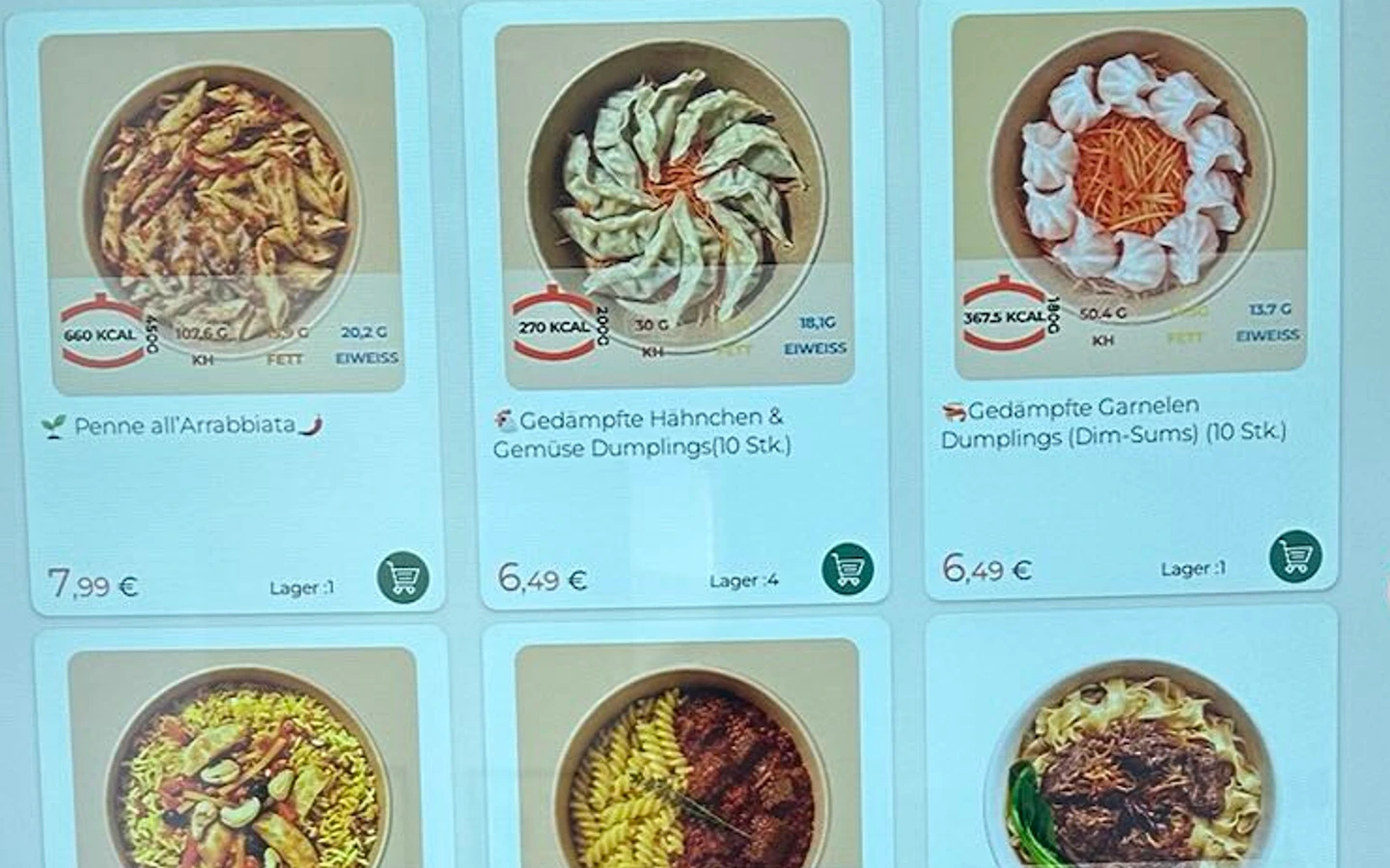 Gerichte und Bestandsanzeigen im SmartFoodie-Auswahlmenü