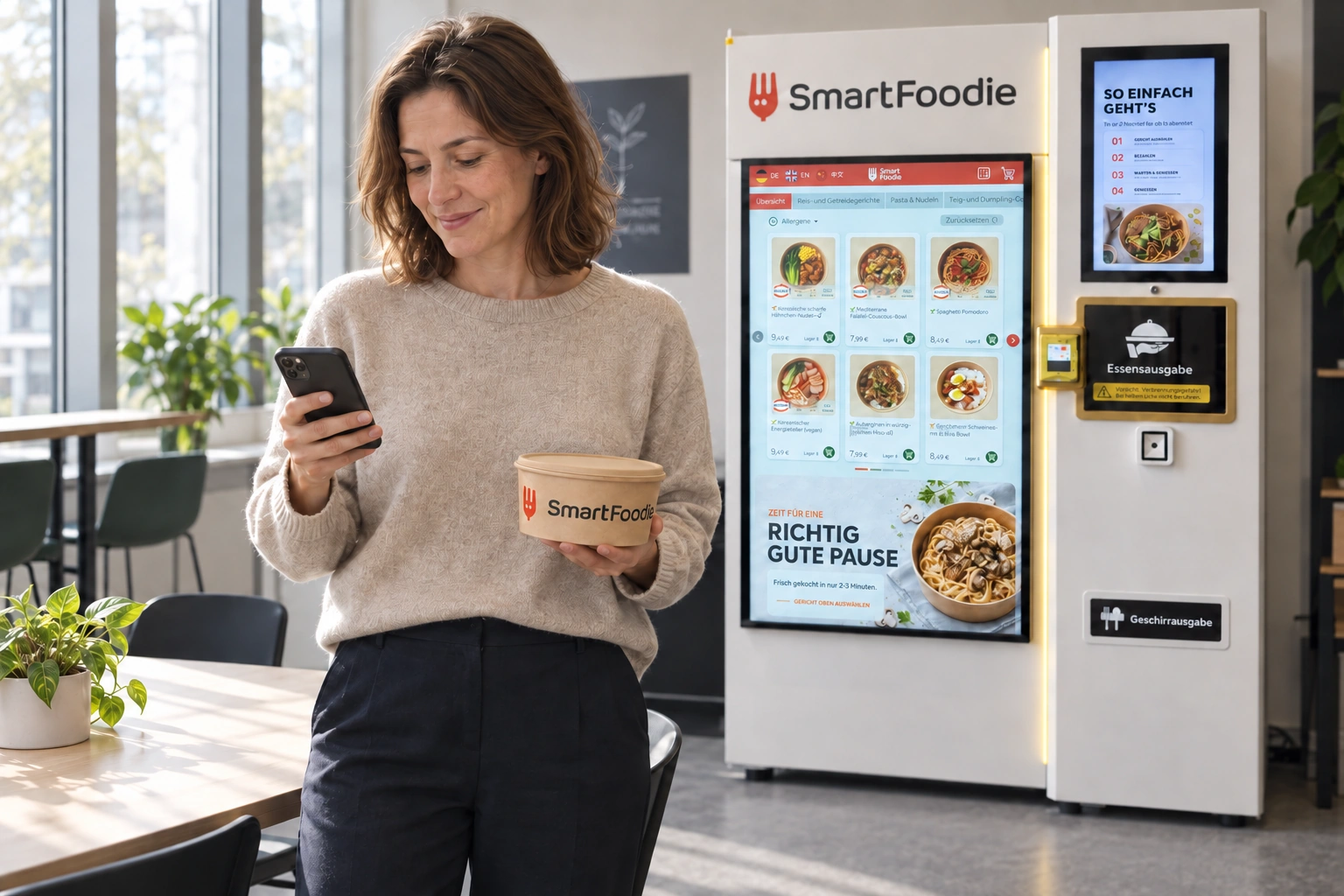 Mitarbeiterin nutzt den digitalen Essenszuschuss über die SmartFoodie-App