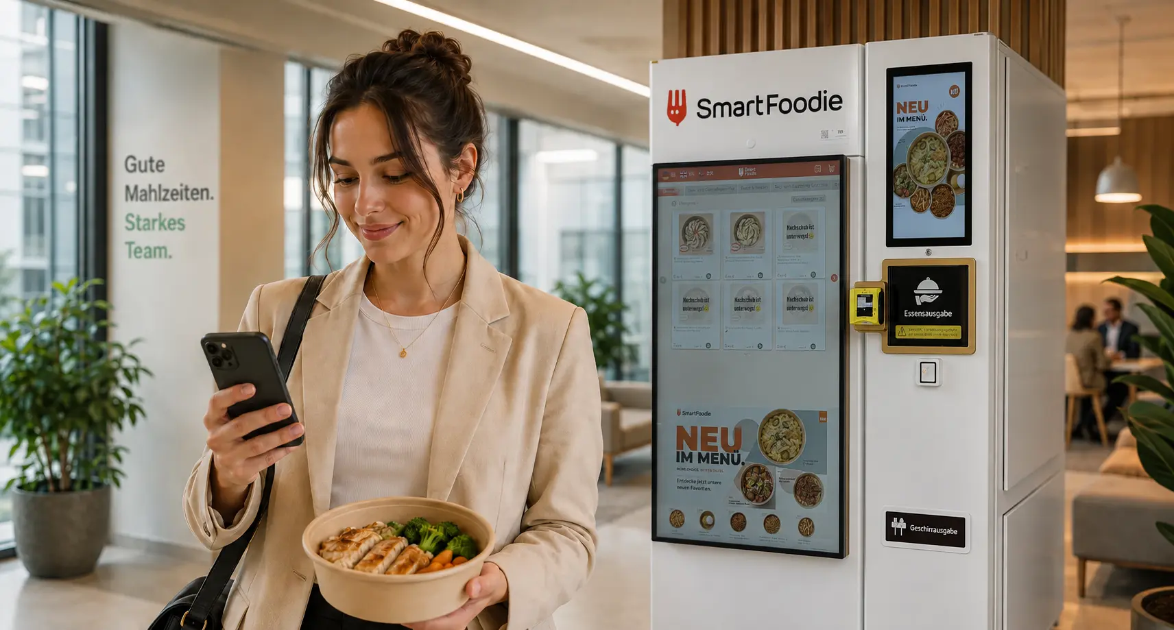 Mitarbeiterin nutzt den digitalen Essenszuschuss über die SmartFoodie-App