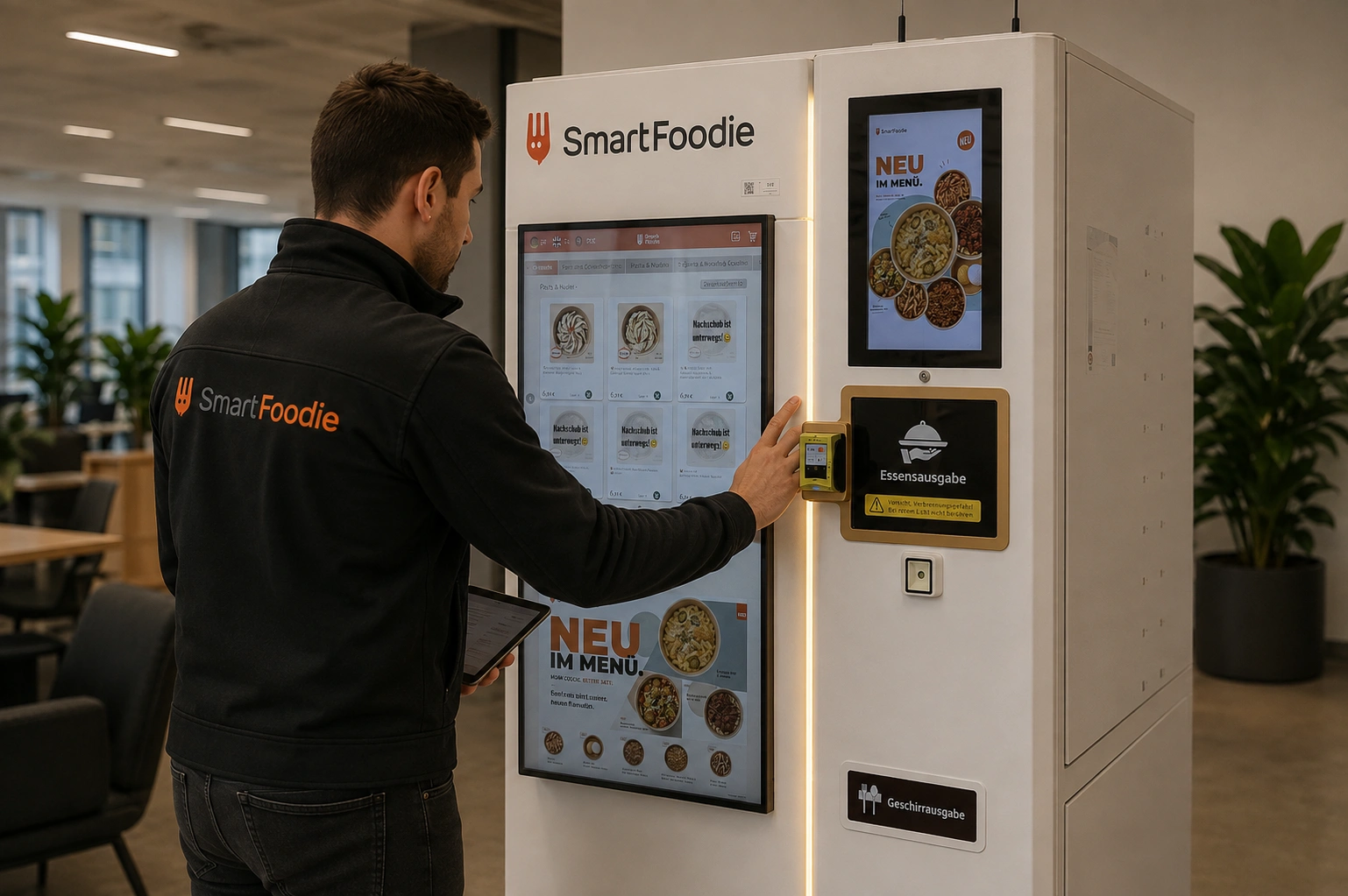 Servicemitarbeiter betreut und wartet einen SmartFoodie Automaten