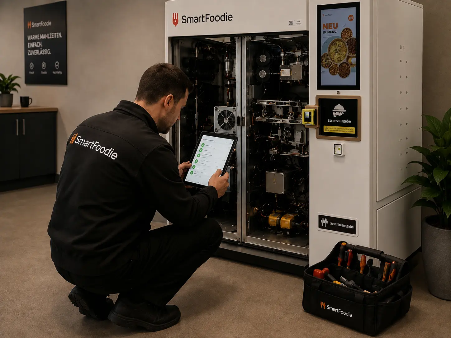 SmartFoodie Automat wird mit vorbereiteten Gerichten befüllt